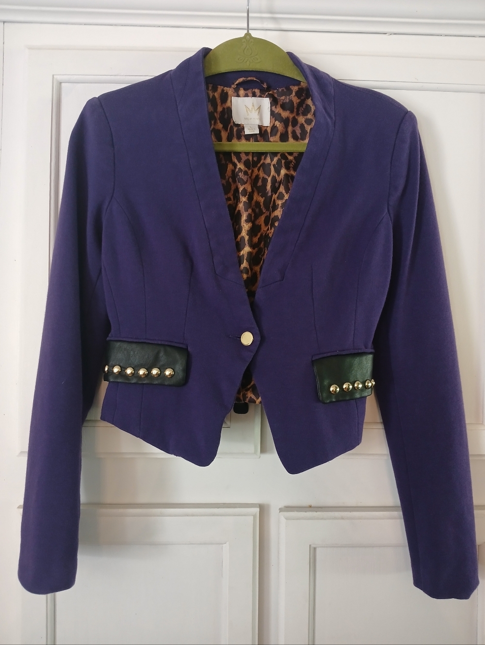Nicki Minaj purple cropped blazer, leopard print lining, studded faux pockets L